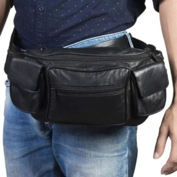 New Men's Genuine Leather Fanny Pack Black - Picture 2 of 9